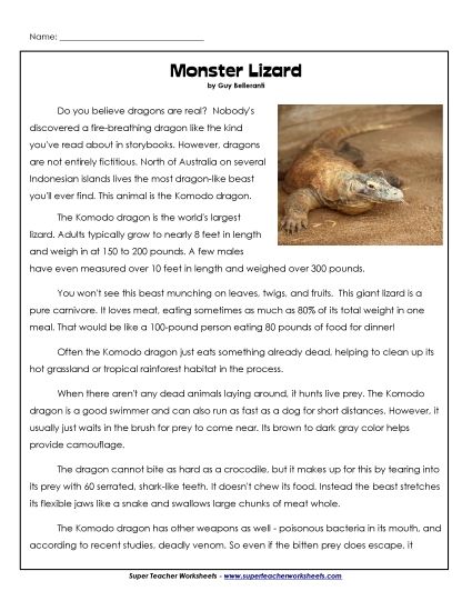 Reptiles - Komodo Dragons (Printable PDF Worksheet)