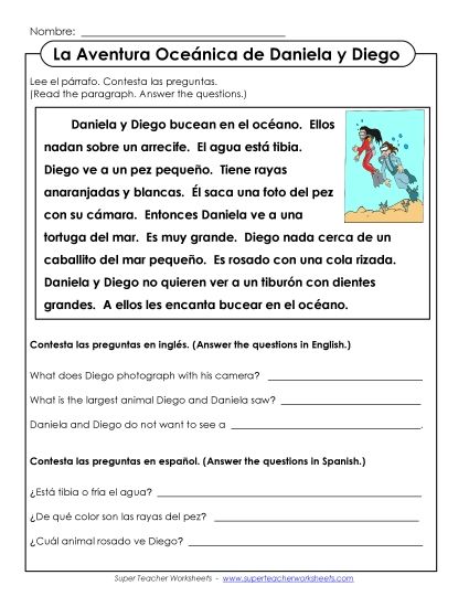 More Short Passages (Level: Basic) - La Aventura Oceánica de Daniela y Diego (Printable PDF Worksheet)