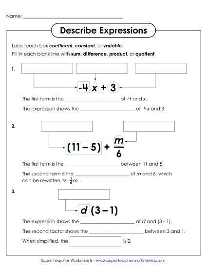 Key Terms - Label & Identify Parts of Expressions (Printable PDF Worksheet)