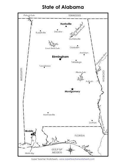 Maps - Labeled Alabama Map (Printable PDF Worksheet)