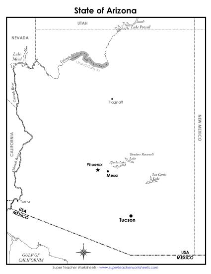 Maps - Labeled Arizona Map (Printable PDF Worksheet)