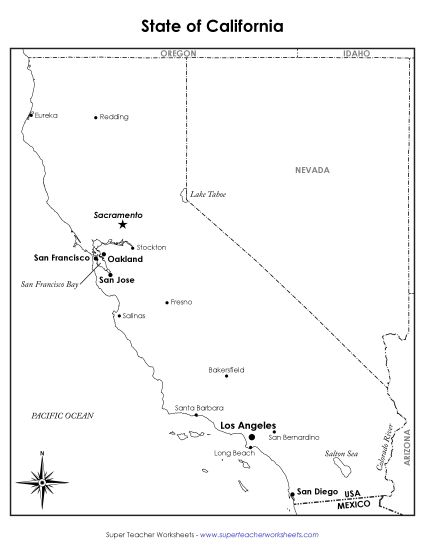 Maps - Labeled California Map (Printable PDF Worksheet)