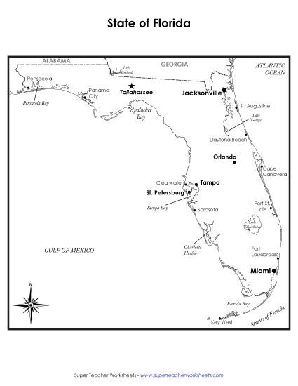 Maps - Labeled Florida Map (Printable PDF Worksheet)