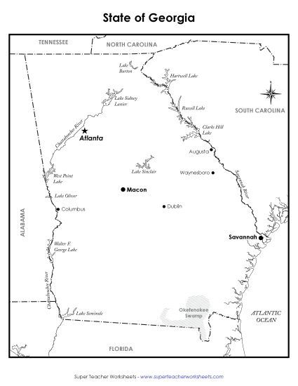 Maps - Labeled Georgia Map (Printable PDF Worksheet)