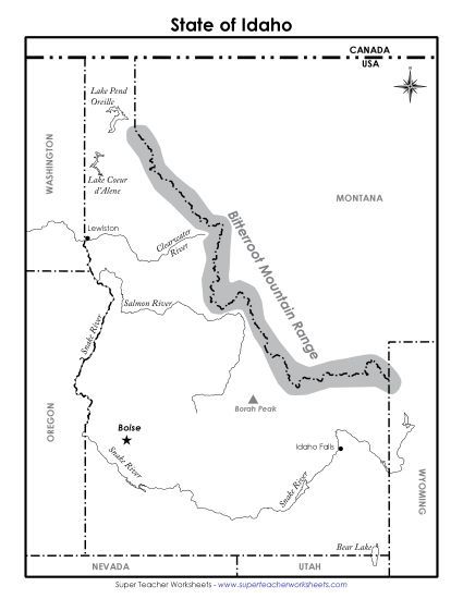 Maps - Labeled Idaho Map (Printable PDF Worksheet)