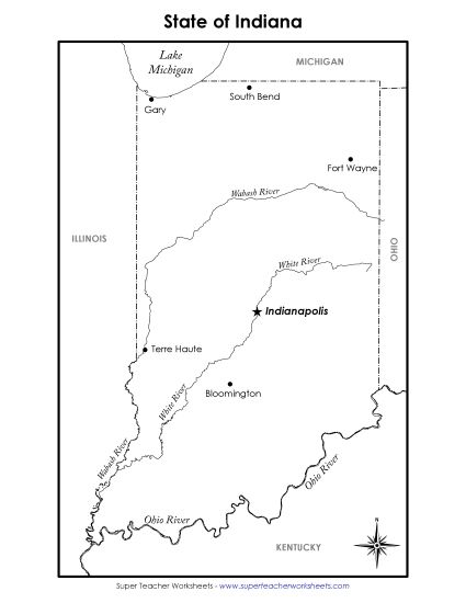 Maps - Labeled Indiana Map (Printable PDF Worksheet)