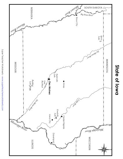 Maps - Labeled Iowa Map (Printable PDF Worksheet)