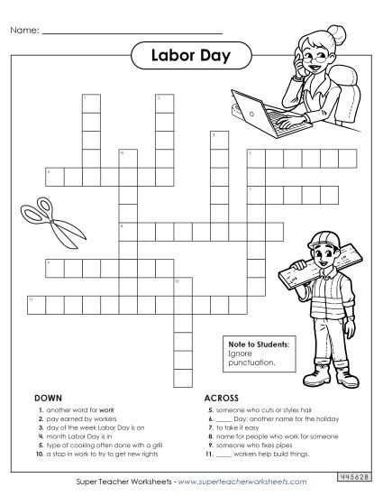 Labor Day Puzzles - Labor Day Crossword Puzzle (Printable PDF Worksheet)