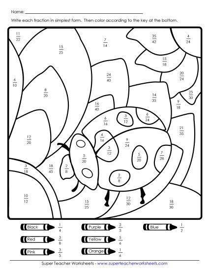 Simplifying Fractions - Ladybug Mystery Picture: Simplifying Fractions (Printable PDF Worksheet)