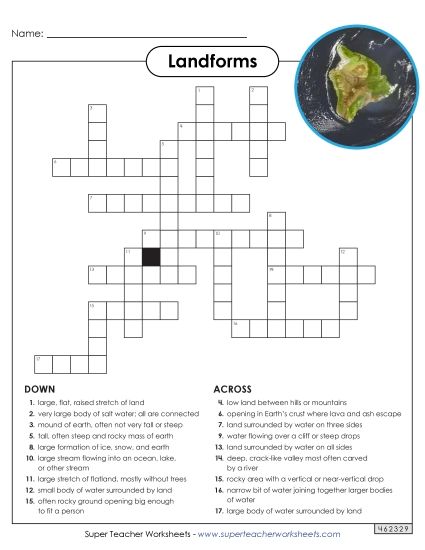 Landforms Crossword Puzzle (Printable PDF Worksheet)