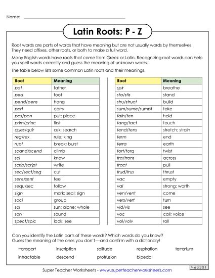 Reference Sheets - Latin Roots Reference Sheet: P Through Z (Printable PDF Worksheet)