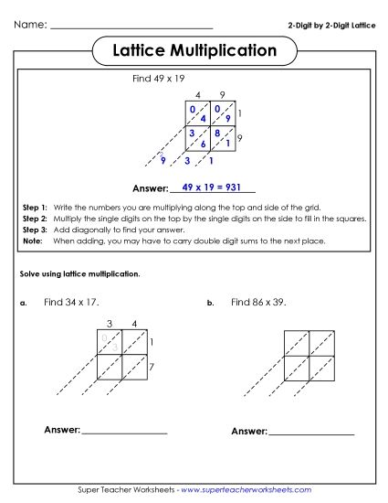 Lattice Multiplication - Lattice Multiplication (2 Digits Times 2 Digits) (Printable PDF Worksheet)