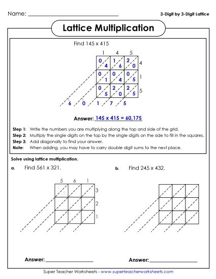 3-Digit by 3-Digit - Lattice Multiplication : 3 digits by 3 digits (Printable PDF Worksheet)