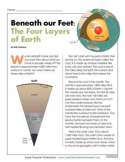Layers of the Earth - Layers of the Earth Article (Printable PDF Worksheet)