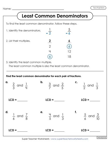 Two Fractions - LCD Worksheet with Steps (2 Fractions) (Printable PDF Worksheet)