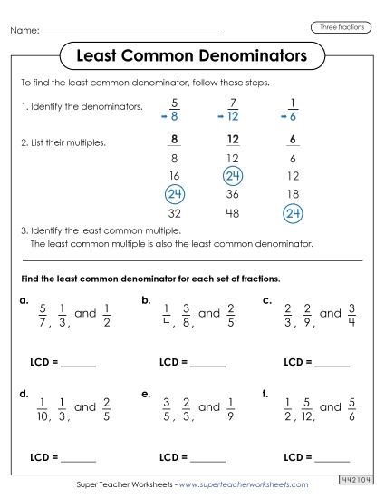 Three Fractions - LCD Worksheet with Steps (3 Fractions) (Printable PDF Worksheet)