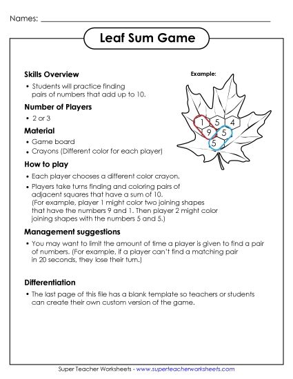 Puzzles and Games - Leaf Sum Game (Printable PDF Worksheet)