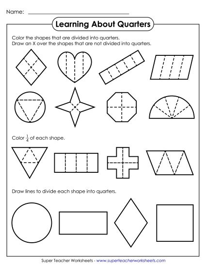 Quarters (Fourths) - Learning About Quarters (Printable PDF Worksheet)
