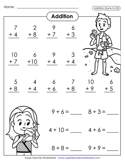 Math Fact Practice - Learning Basic Addition Facts with Seashells (Printable PDF Worksheet)