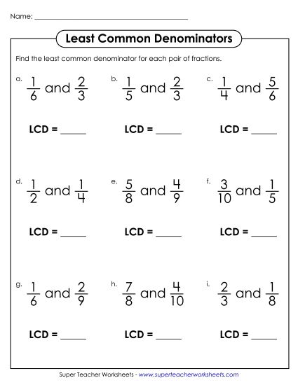 Two Fractions - Least Common Denominator (2 Fractions) (Printable PDF Worksheet)