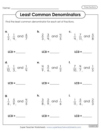 Three Fractions - Least Common Denominator (3 Fractions) (Printable PDF Worksheet)