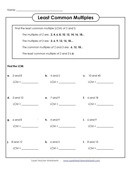 LCM of 2 Numbers - Least Common Multiple (Printable PDF Worksheet)