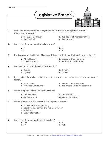 Worksheets - Legislative Branch Questions (Printable PDF Worksheet)