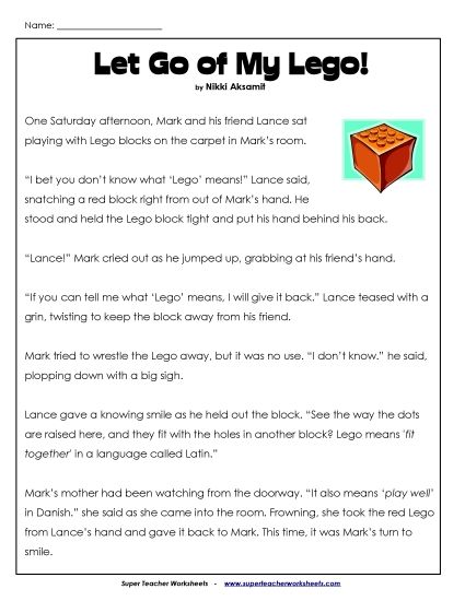 Nonfiction Articles - Let Go of My Lego! (Fiction with Facts) (Printable PDF Worksheet)