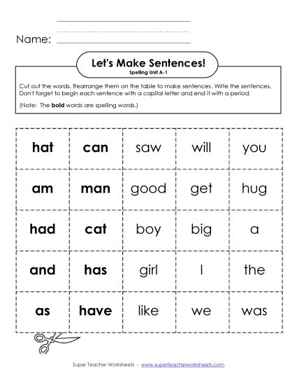Worksheets - Let's Build Sentences (A-1) (Printable PDF Worksheet)