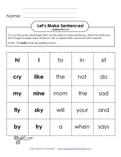 Worksheets - Let's Build Sentences (A-10) (Printable PDF Worksheet)