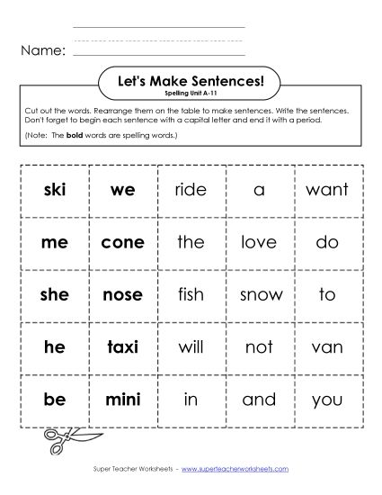 Worksheets - Let's Build Sentences (A-11) (Printable PDF Worksheet)