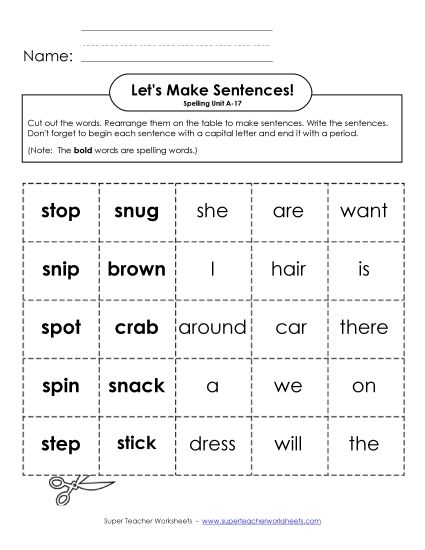 Worksheets - Let's Build Sentences (A-17) (Printable PDF Worksheet)