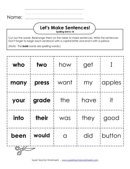 Worksheets - Let's Build Sentences (A-18) (Printable PDF Worksheet)