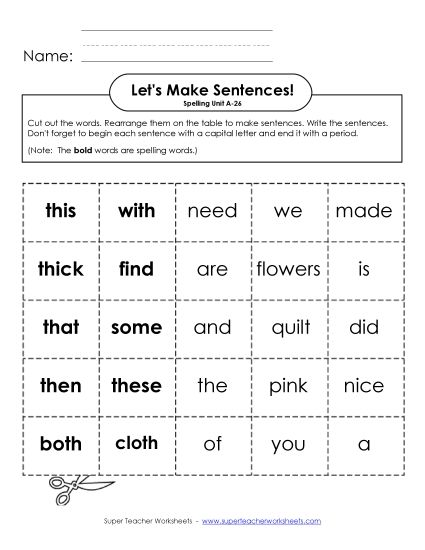 Worksheets - Let's Build Sentences (A-26) (Printable PDF Worksheet)