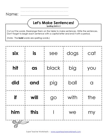 Worksheets - Let's Build Sentences (A-3) (Printable PDF Worksheet)