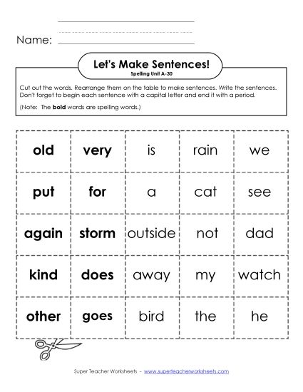 Worksheets - Let's Build Sentences (A-30) (Printable PDF Worksheet)