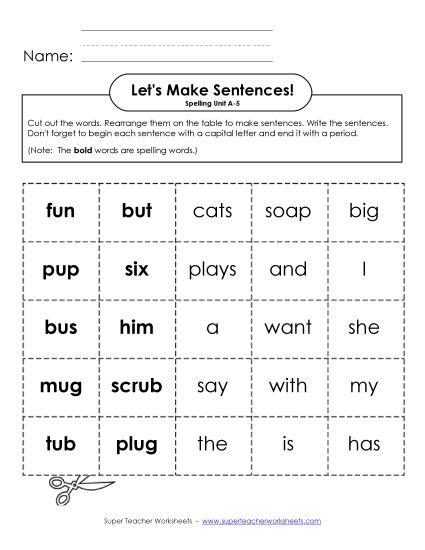 Worksheets - Let's Build Sentences (A-5) (Printable PDF Worksheet)