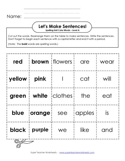 Worksheets and Activities  - Let's Build Sentences (A-Color Words) (Printable PDF Worksheet)