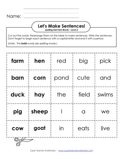 Printable Worksheets - Let's Build Sentences (A-Farm Words) (Printable PDF Worksheet)