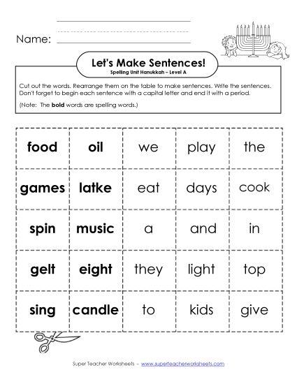 Worksheets and Activities - Let's Build Sentences (A-Hanukkah)  (Printable PDF Worksheet)