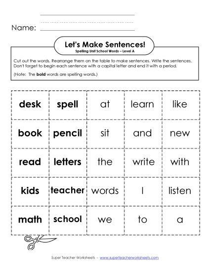Worksheets and Activities - Let's Build Sentences (A-School Words) (Printable PDF Worksheet)