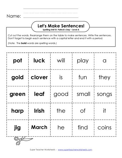 Worksheets - Let's Build Sentences (A-St. Patrick's Day) (Printable PDF Worksheet)