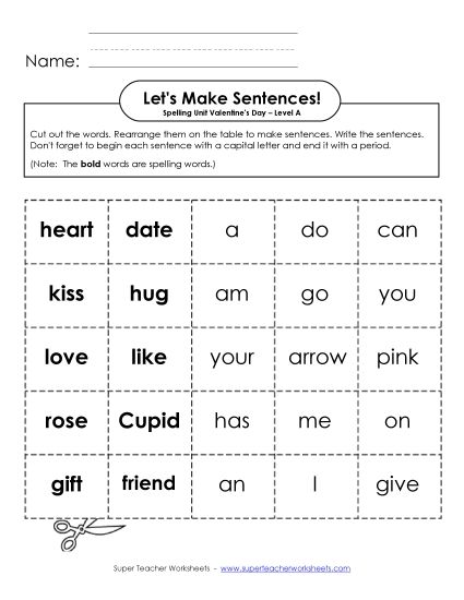 Worksheets and Activities - Let's Build Sentences (A-Valentine's Day) (Printable PDF Worksheet)