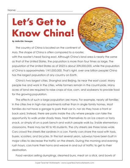 Nonfiction Articles - Let's Get to Know China!  (Printable PDF Worksheet)