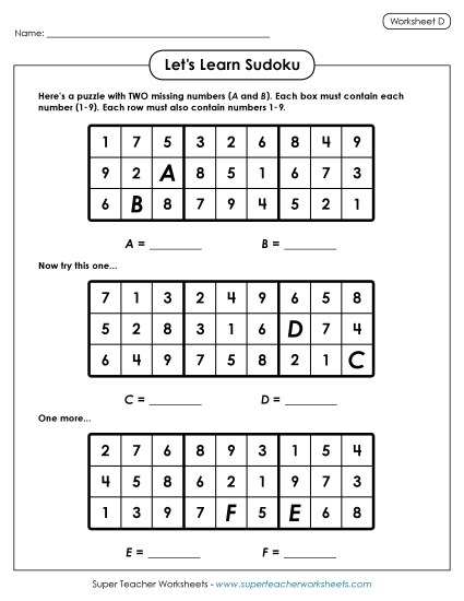Let's Learn Sudoku D (Printable PDF Worksheet)