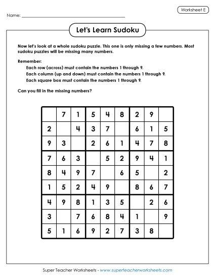 Let's Learn Sudoku E (Printable PDF Worksheet)