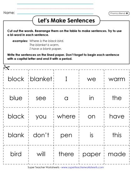 Games & Learning Centers - Let's Make Sentences (Bl-)  (Printable PDF Worksheet)