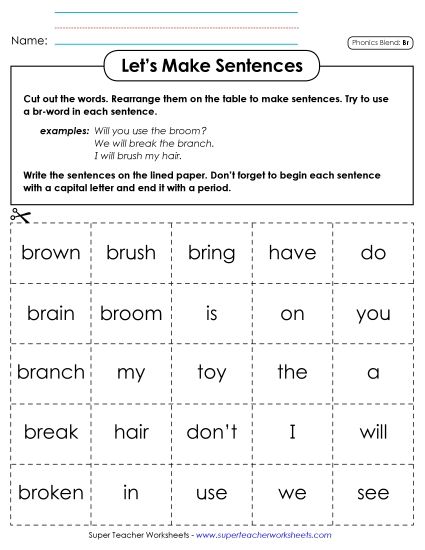 Games & Learning Centers - Let's Make Sentences (Br-) (Printable PDF Worksheet)