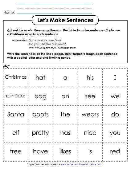 Games & Learning Centers (Very Basic) - Let's Make Sentences: Christmas (Printable PDF Worksheet)