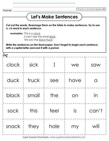 Games and Learning Centers - Let's Make Sentences (ck) (Printable PDF Worksheet)